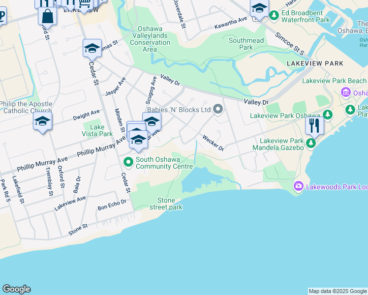 map of restaurants, bars, coffee shops, grocery stores, and more near 271 Madawaska Avenue in Oshawa