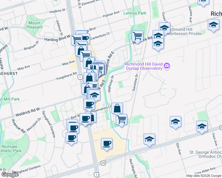 map of restaurants, bars, coffee shops, grocery stores, and more near 39 Nightstar Drive in Richmond Hill
