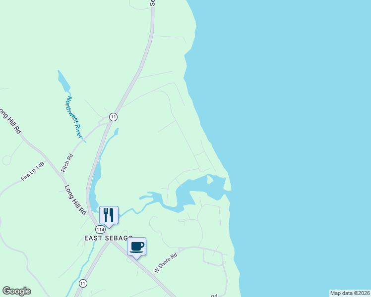 map of restaurants, bars, coffee shops, grocery stores, and more near 183 Northwest River Road in Sebago