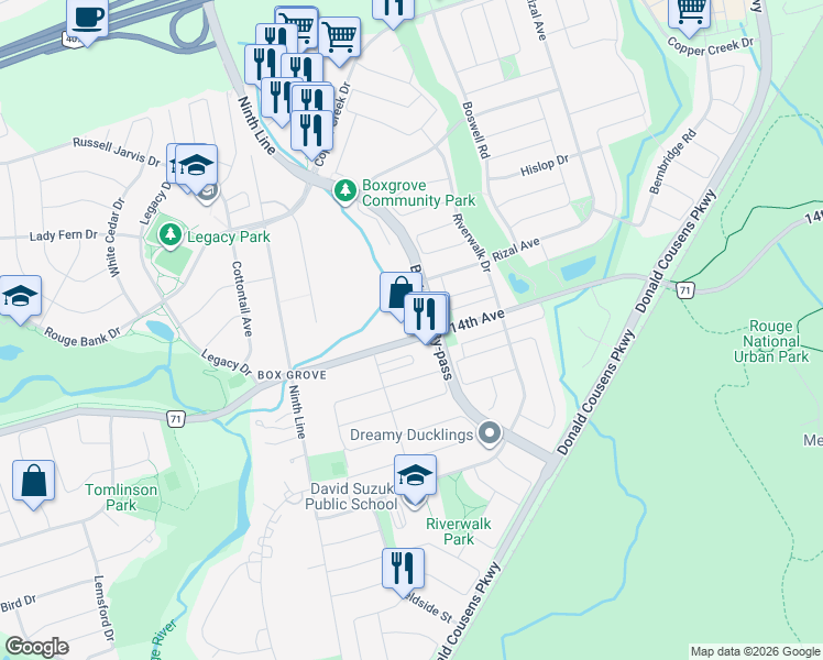 map of restaurants, bars, coffee shops, grocery stores, and more near 6884 14th Avenue in Markham