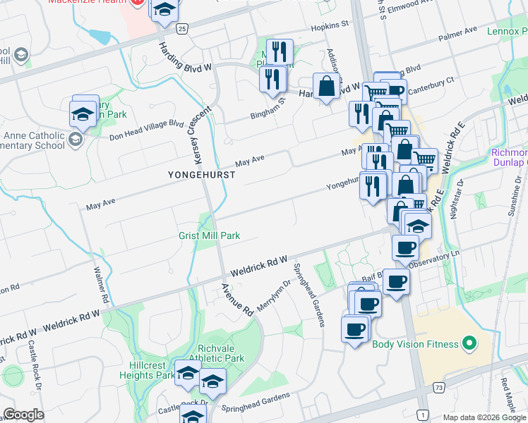 map of restaurants, bars, coffee shops, grocery stores, and more near in Richmond Hill