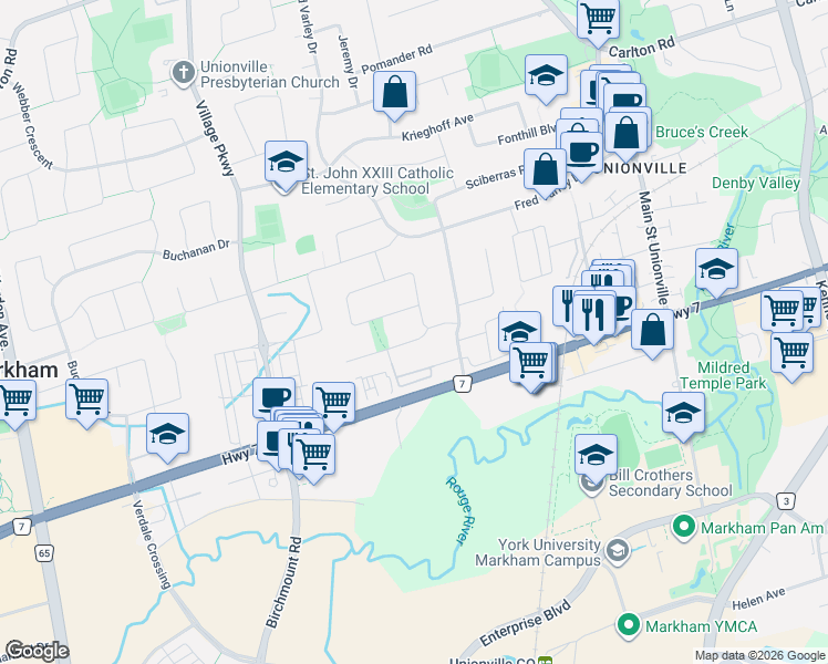map of restaurants, bars, coffee shops, grocery stores, and more near 16 Ferrah Street in Markham