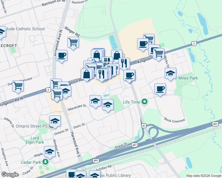 map of restaurants, bars, coffee shops, grocery stores, and more near 40 Torr Lane in Ajax