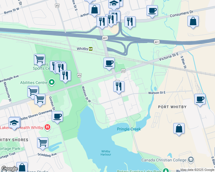 map of restaurants, bars, coffee shops, grocery stores, and more near 1613 Charles Street in Whitby
