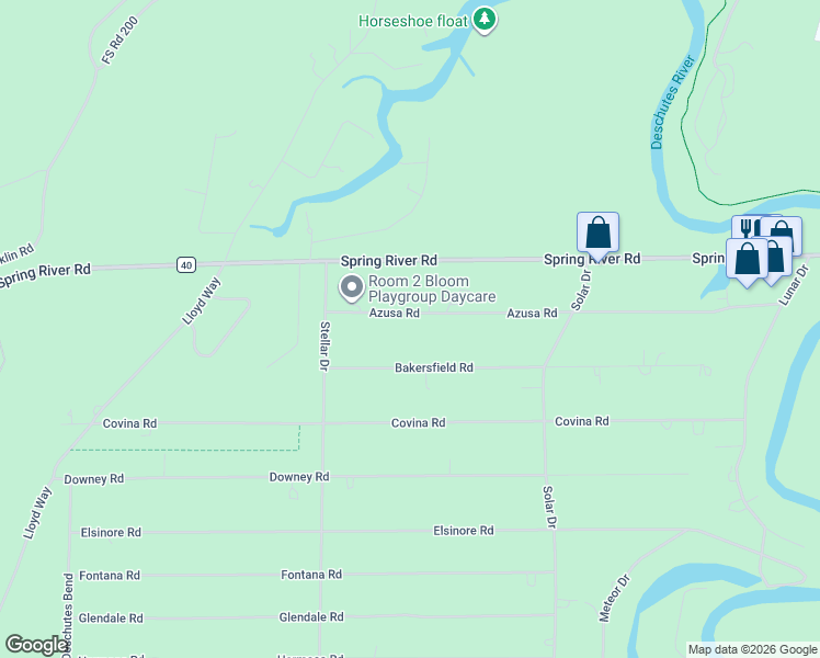 map of restaurants, bars, coffee shops, grocery stores, and more near 17083 Azusa Road in Bend