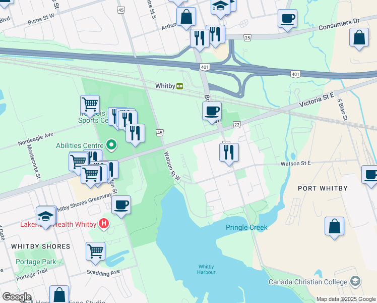 map of restaurants, bars, coffee shops, grocery stores, and more near 1606 Charles Street in Whitby