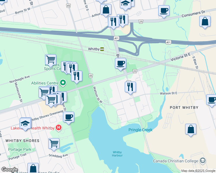 map of restaurants, bars, coffee shops, grocery stores, and more near 1606 Charles Street in Whitby