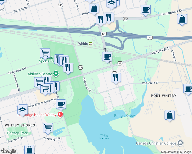 map of restaurants, bars, coffee shops, grocery stores, and more near 1606 Charles Street in Whitby