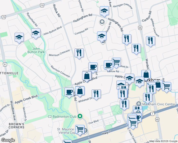 map of restaurants, bars, coffee shops, grocery stores, and more near 49 Ellingwood Court in Markham