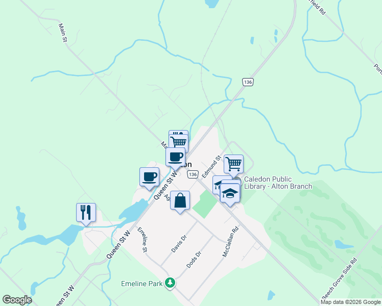 map of restaurants, bars, coffee shops, grocery stores, and more near 1470 Queen Street West in Alton