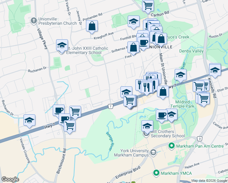 map of restaurants, bars, coffee shops, grocery stores, and more near 12 Woodglen Way in Markham