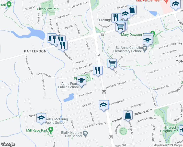 map of restaurants, bars, coffee shops, grocery stores, and more near 80 Mill River Drive in Vaughan
