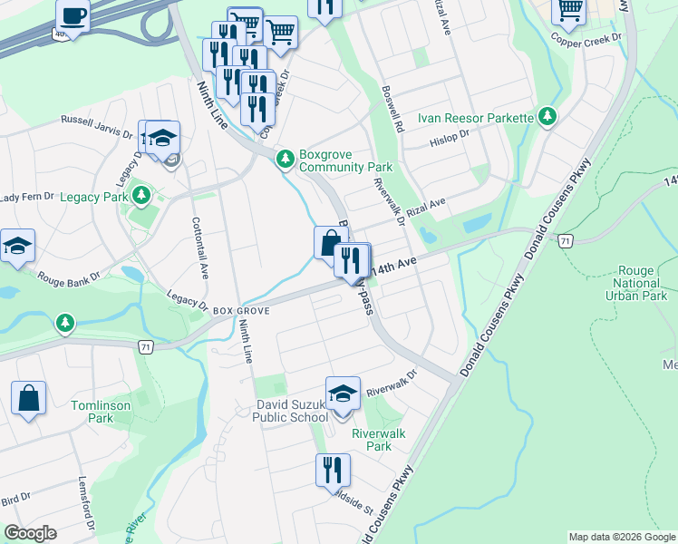 map of restaurants, bars, coffee shops, grocery stores, and more near 6884 14th Avenue in Markham