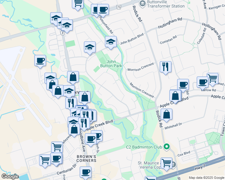 map of restaurants, bars, coffee shops, grocery stores, and more near 45 John Button Boulevard in Markham