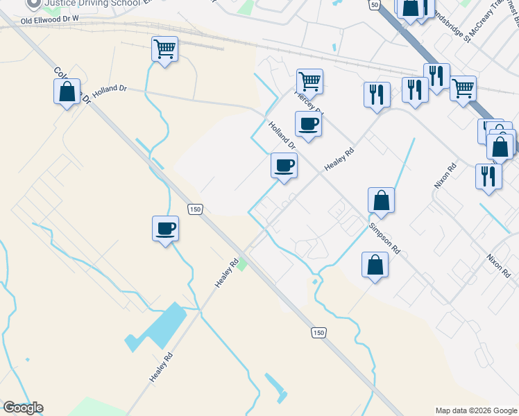 map of restaurants, bars, coffee shops, grocery stores, and more near 365 Healey Road in Bolton
