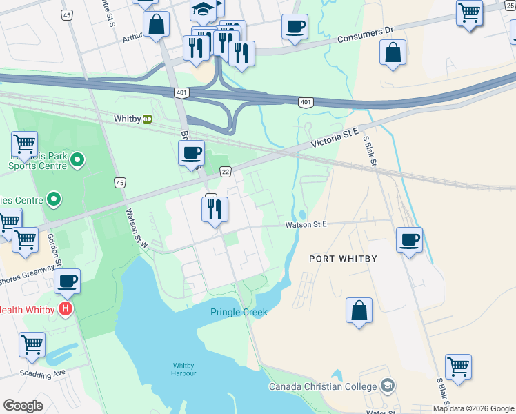 map of restaurants, bars, coffee shops, grocery stores, and more near Nautical Way in Whitby