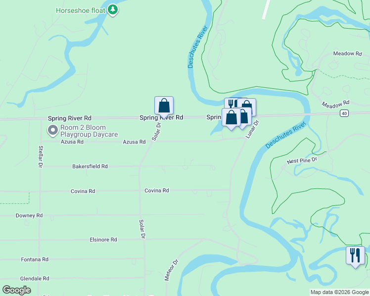 map of restaurants, bars, coffee shops, grocery stores, and more near 17275 Azusa Road in Bend