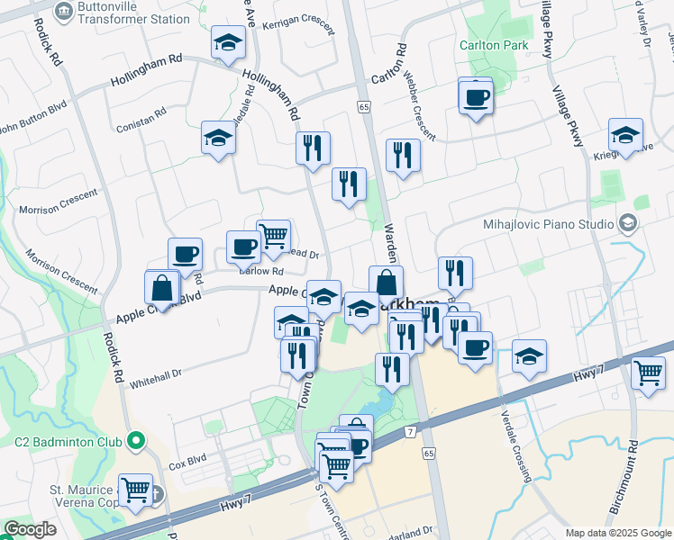 map of restaurants, bars, coffee shops, grocery stores, and more near 15 Hollingham Road in Markham