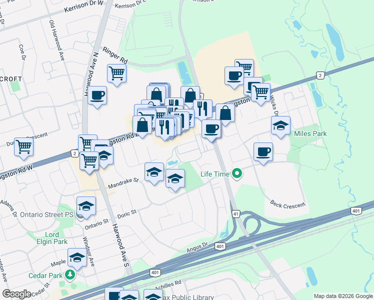 map of restaurants, bars, coffee shops, grocery stores, and more near 52 Torr Lane in Ajax