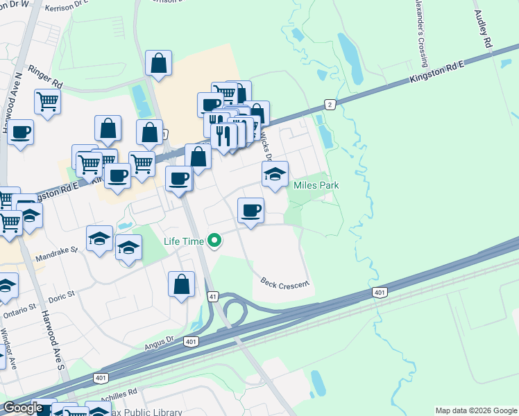 map of restaurants, bars, coffee shops, grocery stores, and more near 22 Miles Drive in Ajax