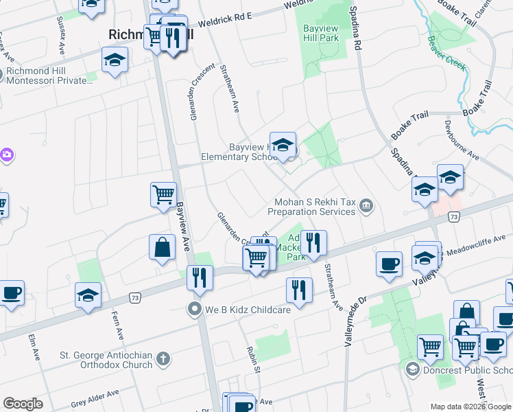 map of restaurants, bars, coffee shops, grocery stores, and more near 17 Dunloe Road in Richmond Hill