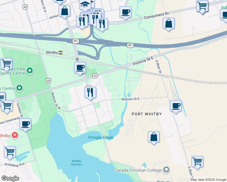 map of restaurants, bars, coffee shops, grocery stores, and more near 9 Nautical Way in Whitby