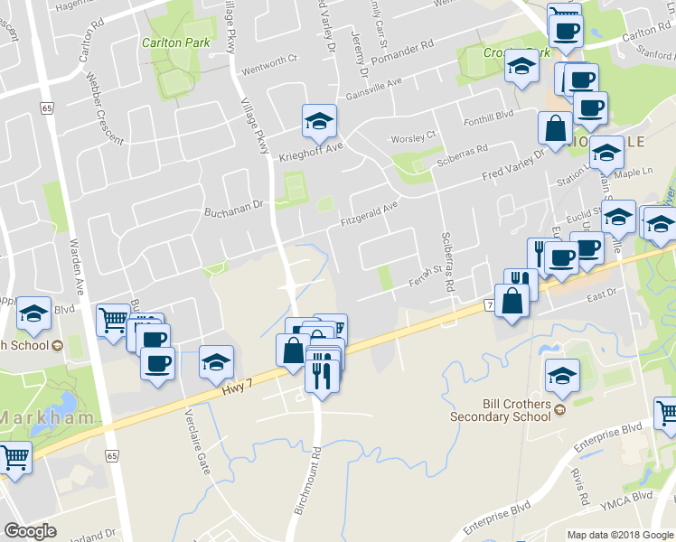 map of restaurants, bars, coffee shops, grocery stores, and more near 28 Fitzgerald Avenue in Markham