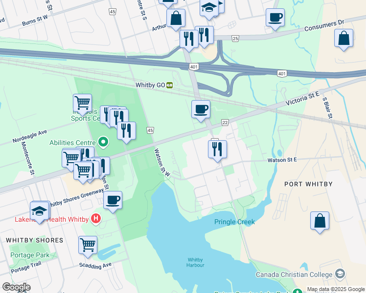 map of restaurants, bars, coffee shops, grocery stores, and more near 1600 Charles Street in Whitby