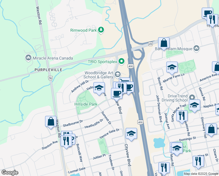 map of restaurants, bars, coffee shops, grocery stores, and more near in Vaughan