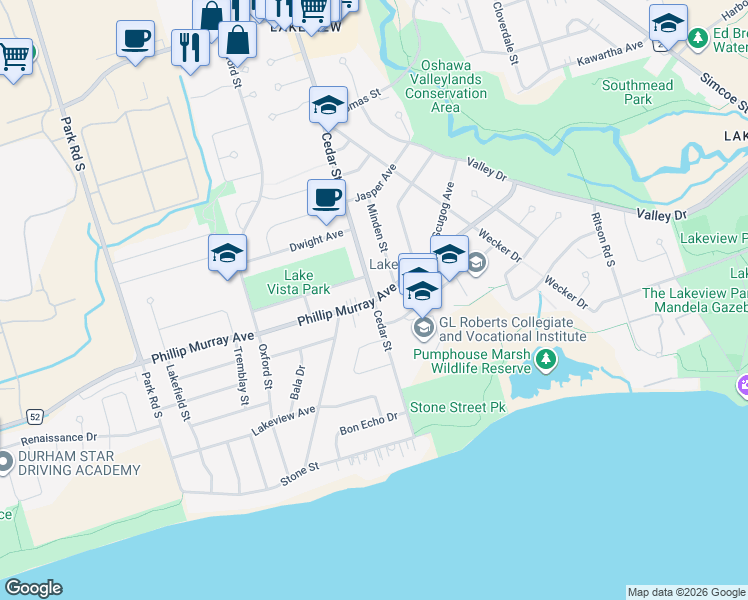 map of restaurants, bars, coffee shops, grocery stores, and more near Phillip Murray Ave & Cedar St in Oshawa