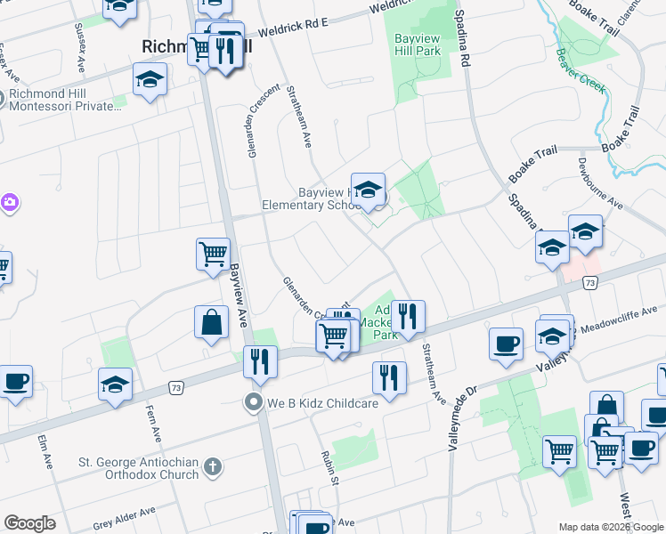 map of restaurants, bars, coffee shops, grocery stores, and more near in Richmond Hill