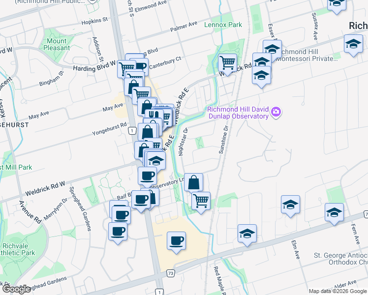 map of restaurants, bars, coffee shops, grocery stores, and more near 43 Nightstar Drive in Richmond Hill