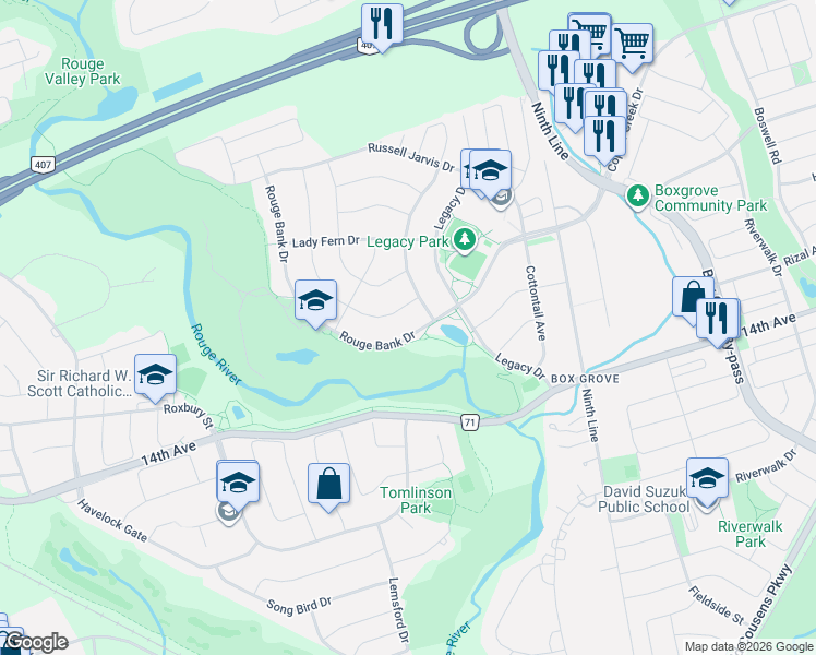 map of restaurants, bars, coffee shops, grocery stores, and more near 89 Rouge Bank Drive in Markham