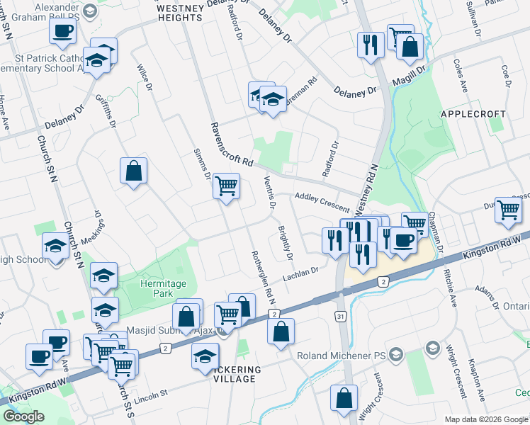 map of restaurants, bars, coffee shops, grocery stores, and more near 16 Ventris Drive in Ajax