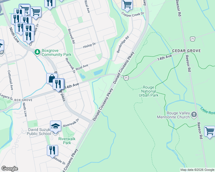 map of restaurants, bars, coffee shops, grocery stores, and more near 29 Vettese Court in Markham