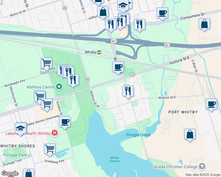 map of restaurants, bars, coffee shops, grocery stores, and more near in Whitby