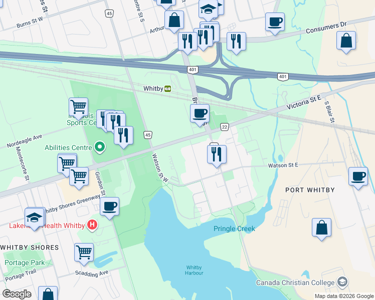 map of restaurants, bars, coffee shops, grocery stores, and more near 1604 Charles Street in Whitby