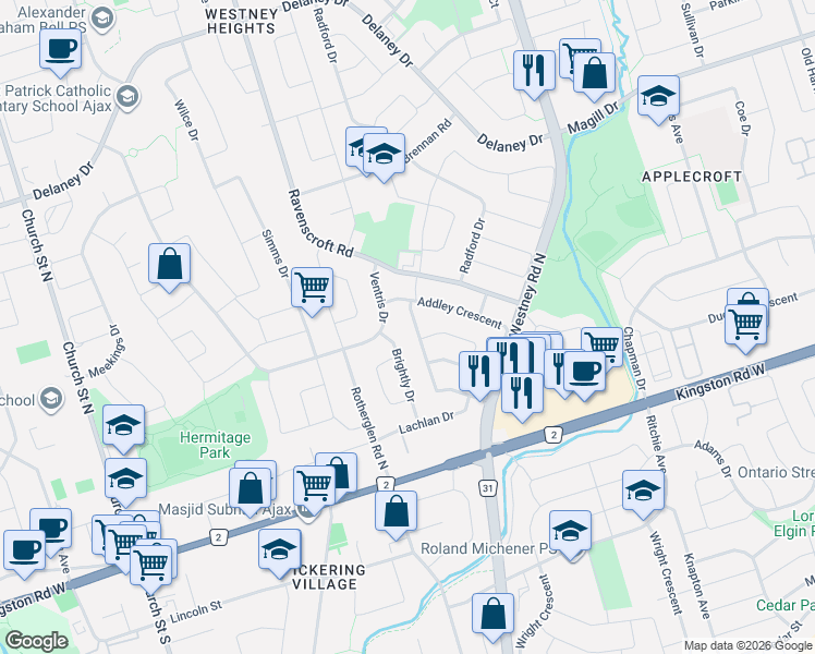map of restaurants, bars, coffee shops, grocery stores, and more near 53 Hettersley Drive in Ajax