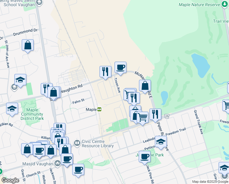 map of restaurants, bars, coffee shops, grocery stores, and more near 209 Salterton Circle in Vaughan