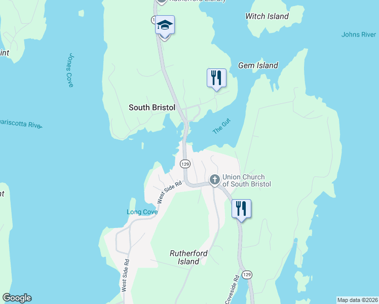 map of restaurants, bars, coffee shops, grocery stores, and more near 2120 Maine 129 in South Bristol
