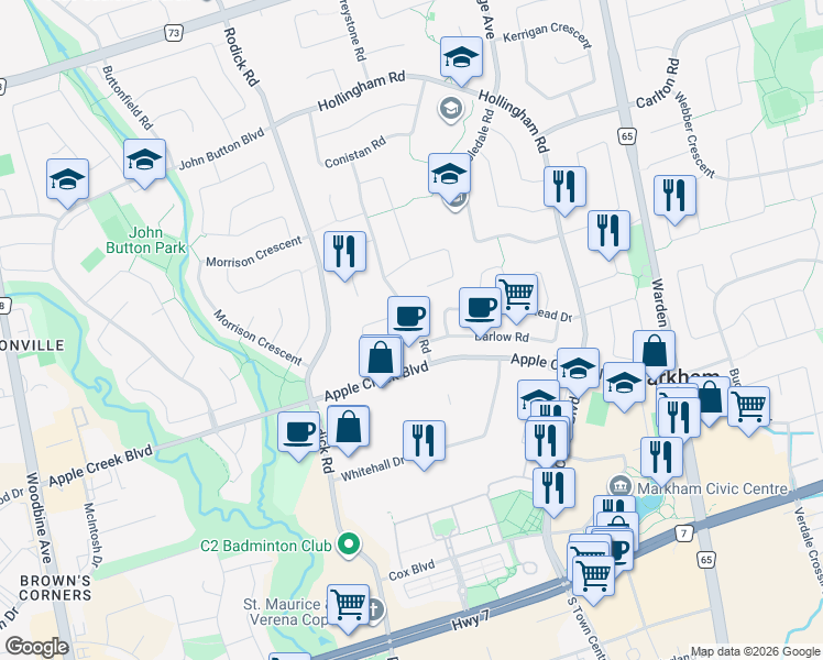 map of restaurants, bars, coffee shops, grocery stores, and more near 1 Ellingwood Court in Markham