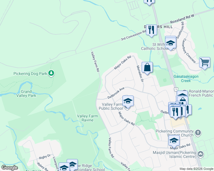 map of restaurants, bars, coffee shops, grocery stores, and more near 1514 Major Oaks Road in Pickering