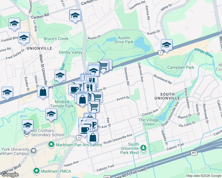 map of restaurants, bars, coffee shops, grocery stores, and more near 23 Eton Street in Markham