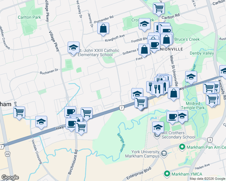 map of restaurants, bars, coffee shops, grocery stores, and more near 3 Emmeloord Crescent in Markham