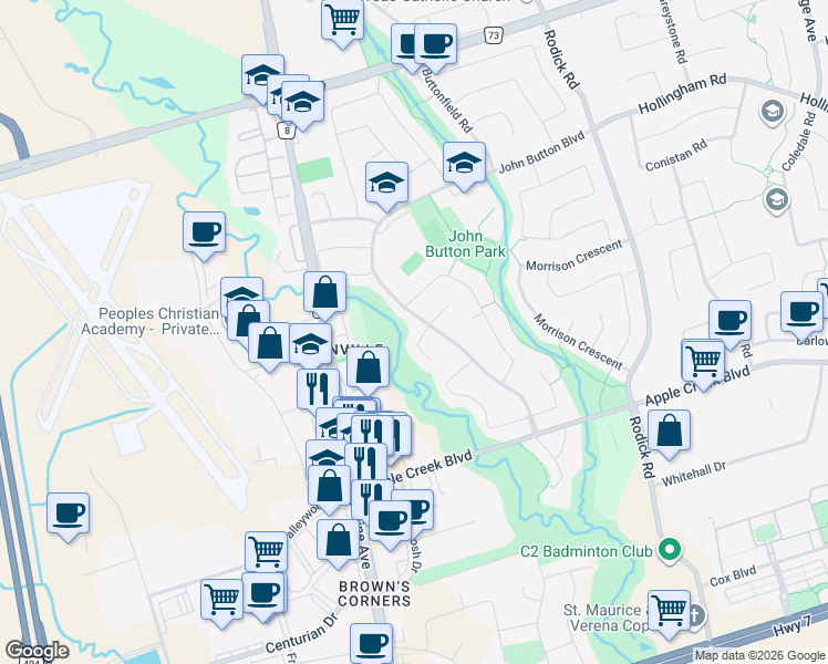 map of restaurants, bars, coffee shops, grocery stores, and more near 6 Hoodview Court in Markham