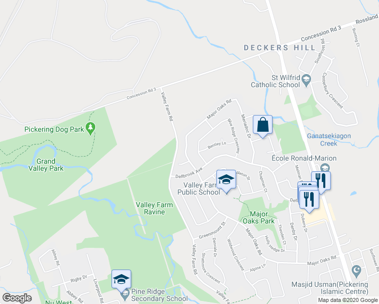 map of restaurants, bars, coffee shops, grocery stores, and more near in Pickering