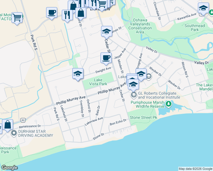 map of restaurants, bars, coffee shops, grocery stores, and more near 475 Emerald Avenue in Oshawa