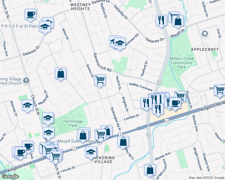map of restaurants, bars, coffee shops, grocery stores, and more near 128 Rotherglen Road North in Ajax