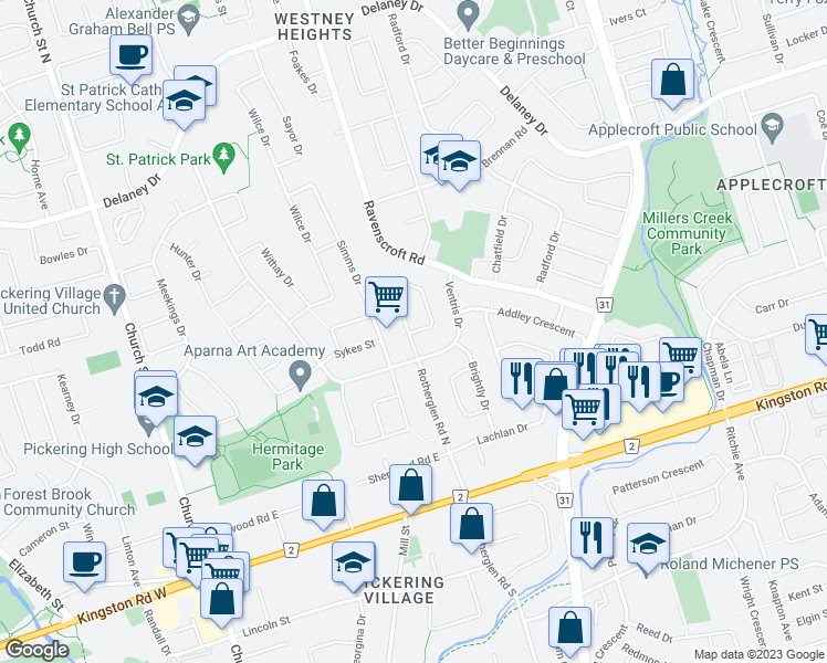 map of restaurants, bars, coffee shops, grocery stores, and more near 95 Rotherglen Road North in Ajax