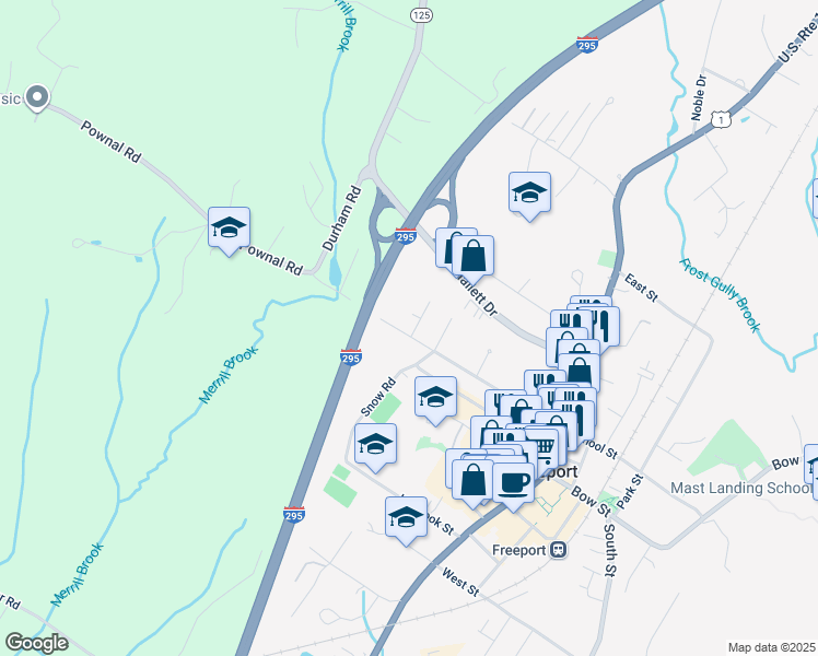 map of restaurants, bars, coffee shops, grocery stores, and more near 50 Elm Street in Freeport